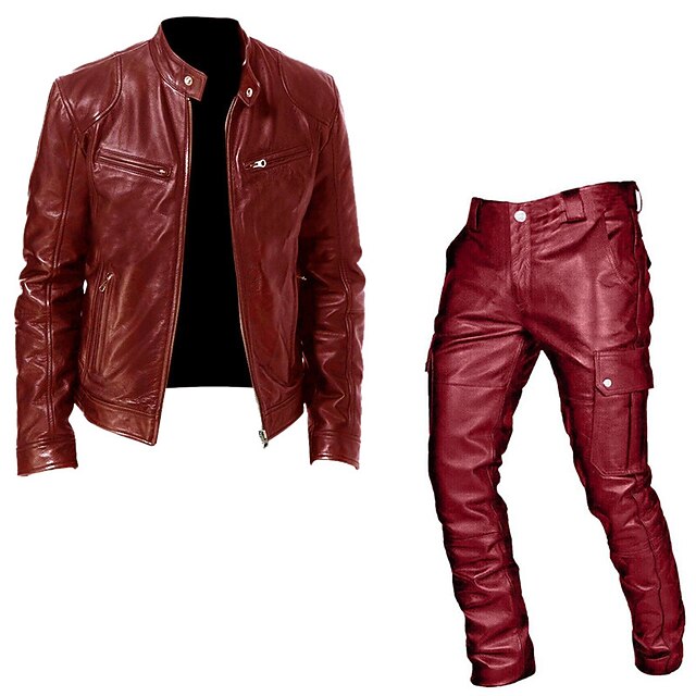 Male Faux Leather Jacket Transition Jacket Daily Wear Casual Daily Front Zip Fall & Winter Solid / Plain Color Punk Crew Neck Regular Black Red Jacket3