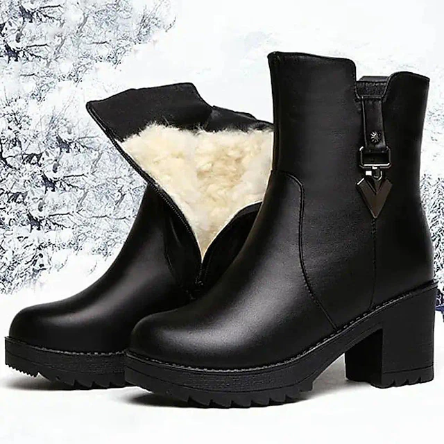 Women's Black Ankle Winter Boots with Faux Fur Lining, Chunky Heel, and Metal Buckle Detail – Warm and Durable Snow Boots 7