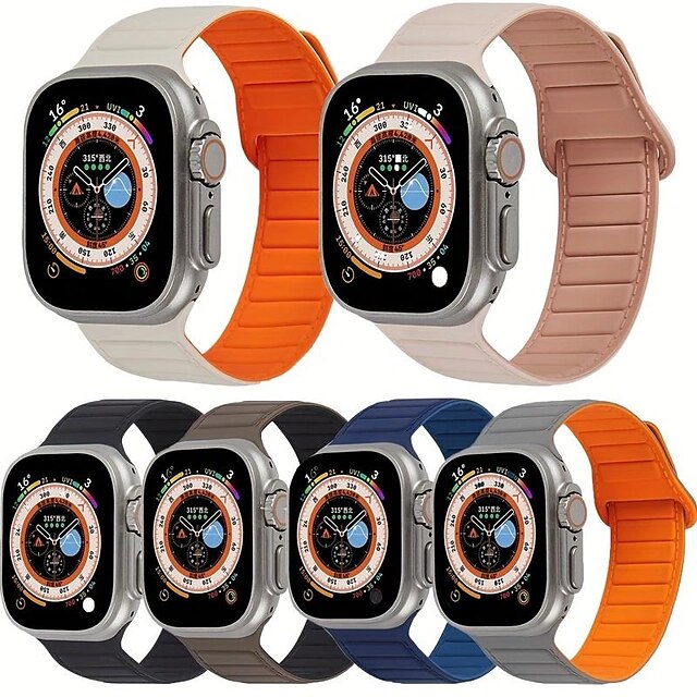  Leren koppeling Compatibel met: Apple Watch-horlogebandje 38mm 40mm 41mm 42mm 44mm 45mm 49mm Magnetische sluiting Verstelbaar Siliconen Vervangende horlogeband voor iwatch Ultra 2 Series 9 8 7 SE 6 5
