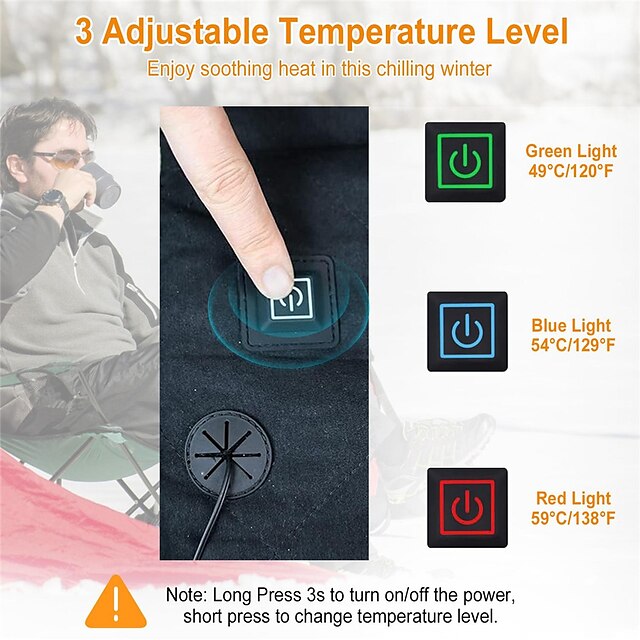 Global Phoenix Portable Heated Seat Cushion with 3 Temperature Levels Foldable USB Plug Powered Heating Pad for Outdoor Winter Car Camping Fishing - Grey