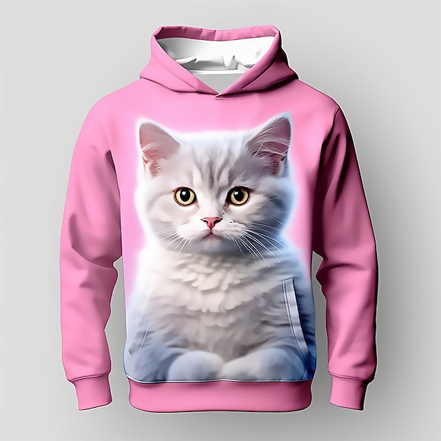  Girls' 3D Cat Hoodie Pullover Pink Long Sleeve 3D Print Fall Winter Active Fashion Cute Polyester Kids 3-12 Years Outdoor Casual Daily Regular Fit