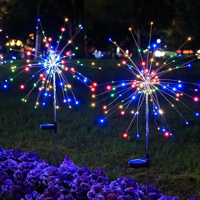  2 pacchi 8 modalità di luce decorativa paesaggistica, 90/120/150/200 led filo di rame impermeabile lampada per fuochi d'artificio solari da cortile, luci solari da giardino esterne, luci fai da te da