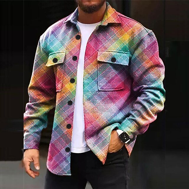 Men's Plaid Geometric Pattern Geometry Shirt Shirt Jacket Overshirt Long Sleeve Casual Outdoor Street Casual Daily Fall & Winter Turndown Buttons Pocket Print Yellow Blue Purple4