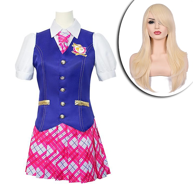  dukkeskoleuniform 4 stykker dame-pigefilm cosplay y2k blå& pink vest bluse nederdel halloween karneval maskerade polyester med paryk