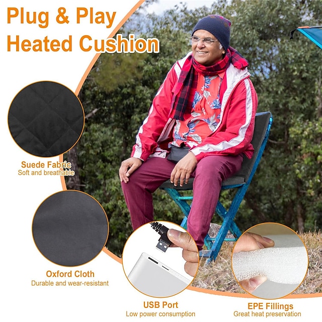 Global Phoenix Portable Heated Seat Cushion with 3 Temperature Levels Foldable USB Plug Powered Heating Pad for Outdoor Winter Car Camping Fishing - Grey