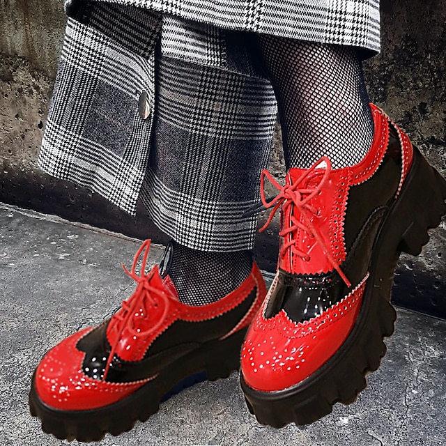  Dames Instappers Bullock Shoes Grote maten Platform loafers Dagelijks Kleurenblok Plateau Blok hiel Ronde Teen Punk Vintage Casual Wandelen Lakleer Veters Zwart Rood Beige