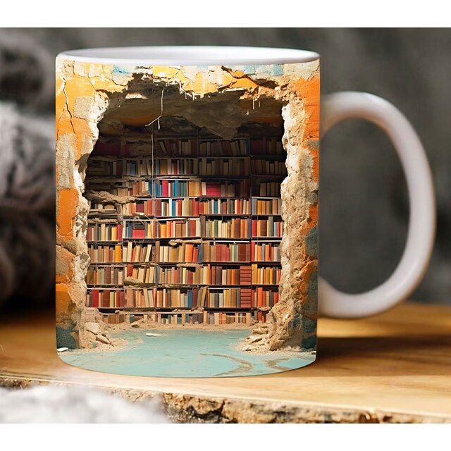 3D Bookshelf Mug, 3D Bookshelves Hole In A Wall Mug, 3D Effect Books