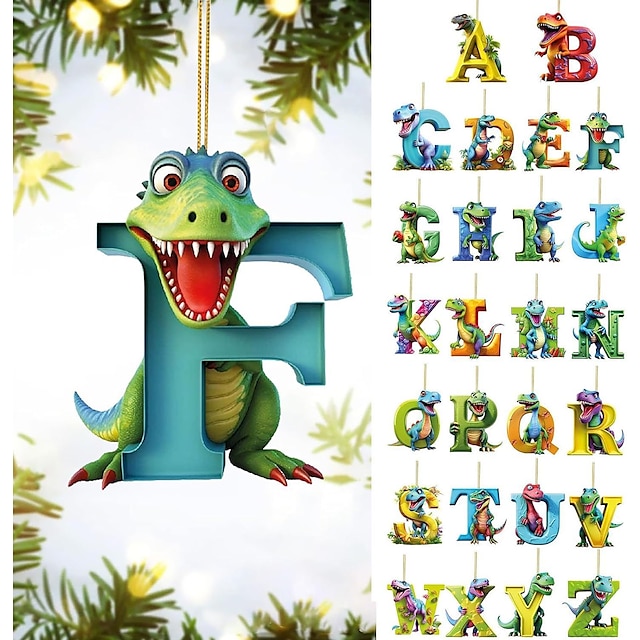  dinosaurie julprydnad 26 bokstäver hängande hängsmycken 2023 plast initial monogram julgran dekorationer med hängande rep unik skräddarsydd rolig present till barn