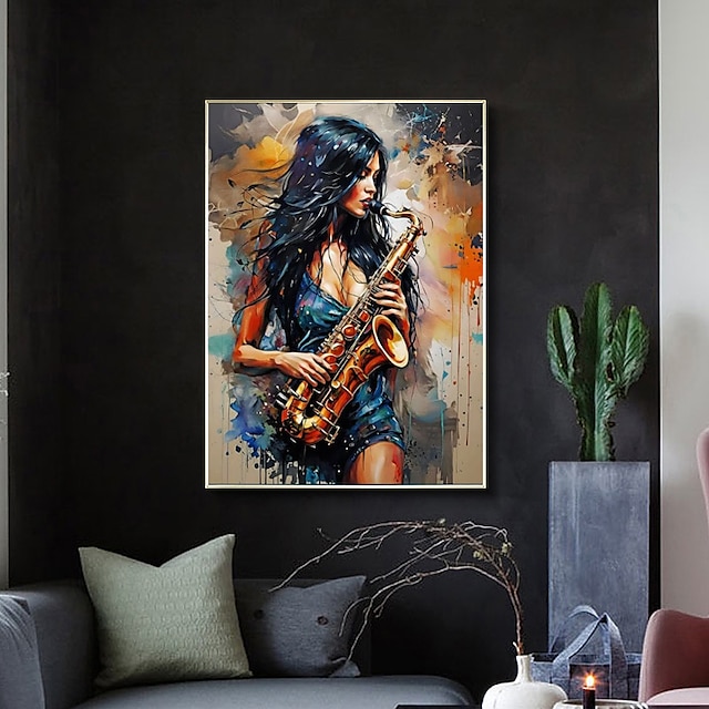  Peinture à l'huile faite à la main sur toile, décoration murale, figure abstraite, portrait de fille qui joue du saxophone pour la décoration intérieure, peinture roulée sans cadre, non étirée