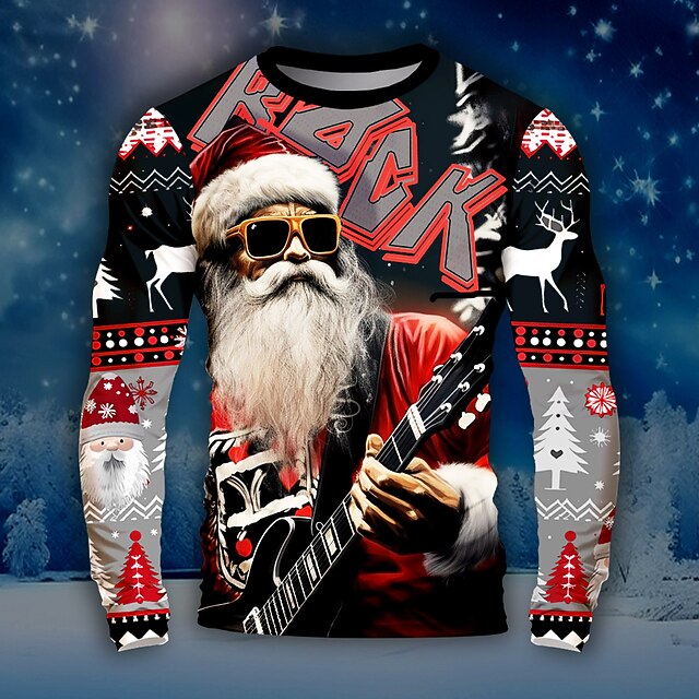 Christmas Men's Santa Claus Music Christmas Pattern T Shirt Funny T Shirts Long Sleeve T shirt 3D Print Crew Neck Shirt Daily Outdoor Casual Party Casual Holiday Black Purple Green Spring &  Fall4