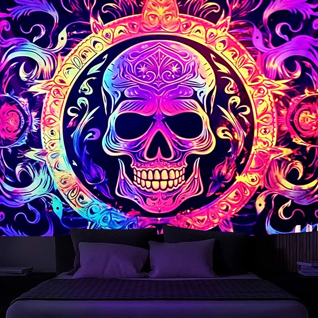 Halloween Blacklight Tapestry UV Reactive Glow in the Dark Glow Party Neon Skulls Totem Psychedelic Trippy Misty Hanging Tapestry Wall Art Mural for Living Room Bedroom 20