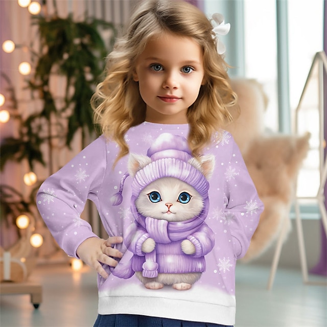  Fille 3D Chat Sweatshirt Pullover manche longue 3D effet Automne Hiver Mode Vêtement de rue Adorable Polyester Enfants 3-12 ans Col Ras du Cou Extérieur Casual du quotidien Standard