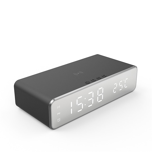  Despertador digital com carregador sem fio, visor LED grande com hora, data e temperatura, base de carregamento rápido Qi de 10 W para iPhone e Android, porta USB, formato 12/24 horas, função soneca para quarto e escritório.