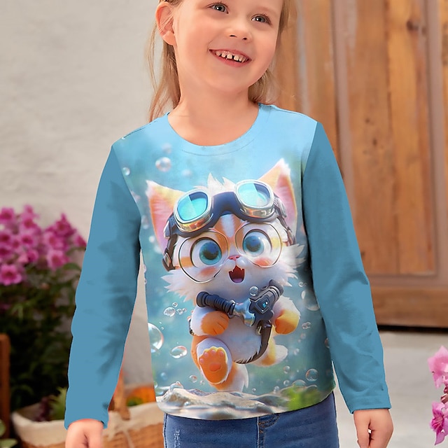  Flickor 3D Katt T-shirt Skjorta Långärmad 3D-tryck Höst Vinter Aktiv Mode söt stil Polyester Barn 3-12 år Rund hals Utomhus Ledigt Dagligen Normal