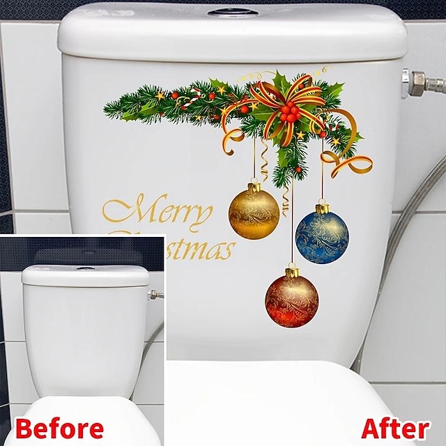  autocolant cu model de bile de Crăciun coroană de Crăciun, autocolant decorativ pentru capac de toaletă, decal pentru capac de toaletă, autocolant pentru capacul de toaletă, autocolante detașabile pentru renovarea toaletei
