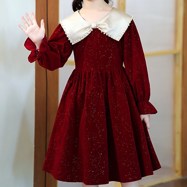  Kids Girls' Dress Solid Color Long Sleeve School Outdoor Casual Sequins Ruched Adorable Daily Polyester Above Knee Sequin Dress Spring Fall Winter 3-12 Years Red
