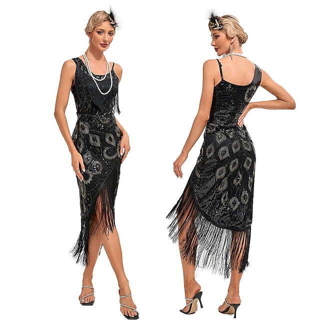  Retro Antiguo Rugido 20s 1920s Vestido Flapper Vestidos Baile de Máscaras El gran Gatsby Mujer Lentejuelas Borlas Mascarada Boda Invitado a la boda Fiesta / Noche Vestido