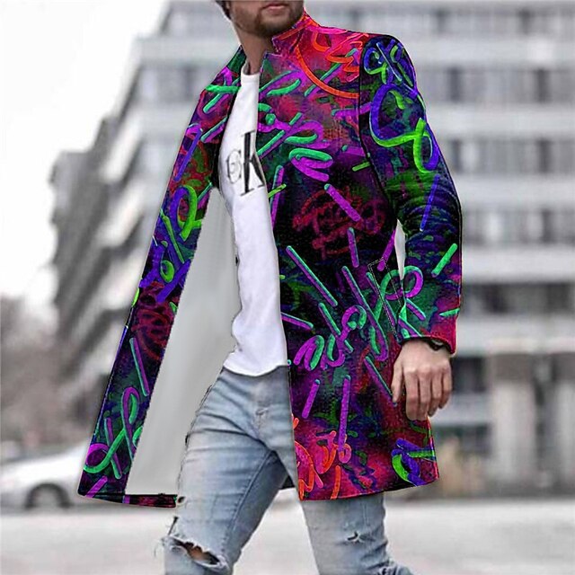Men's Graphic Prints Graffiti Winter Coat Overcoat Coat Warm Comfortable Breathable Fashion Streetwear Business Work Wear to work Going out Pocket Print Fall & Winter Turndown Long Sleeve Yellow4