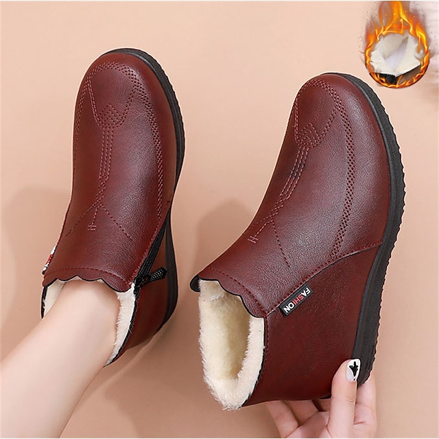  Women's Boots Snow Boots Soft Shoes Comfort Shoes Daily Solid Color Fleece Lined Booties Ankle Boots Winter Flat Heel Round Toe Plush Comfort Minimalism PU Loafer Black Red