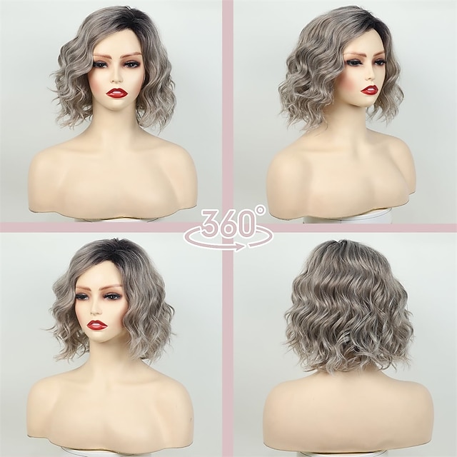 Short Wavy Wig Ombre Grey Mixed Brown Curly Bob Wigs for Women Chin ...