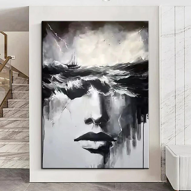 Handmade Woman Sea Storm Painting Hand Painted Oil Painting Wall Art Black art Woman Face Artwork Faceless painting Portrait oil painting Abstract Lady Painting Decor ready to hang or canvas 11