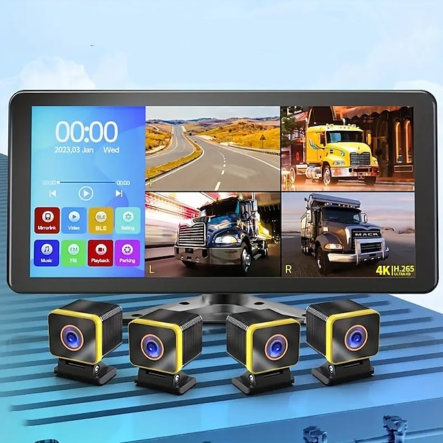  10,36-Zoll-4-Kanal-DVR-Auto-Dashcam-Fahrrekorder-Parkmonitor 4K-Touchscreen-LKW-Überwachungssystem unterstützt MP5-Player mit 41080p-Kameras