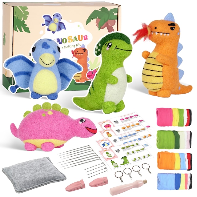  1 conjunto de agulhas de feltro de lã divertidas para feltragem, suprimentos para feltragem de agulhas para crianças, kit de brinquedos para crianças, feltro de lã, música, pacote de material diy, dinossauro fofo de desenho animado, bebê, pacote com 4 bri