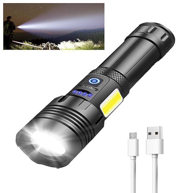  Telescopic Zoom Flashlight Rechargeable Super Bright Flashlight with 7 Lighting Modes Tactical Flashlight with COB Side Lights and Power Display LED Torch
