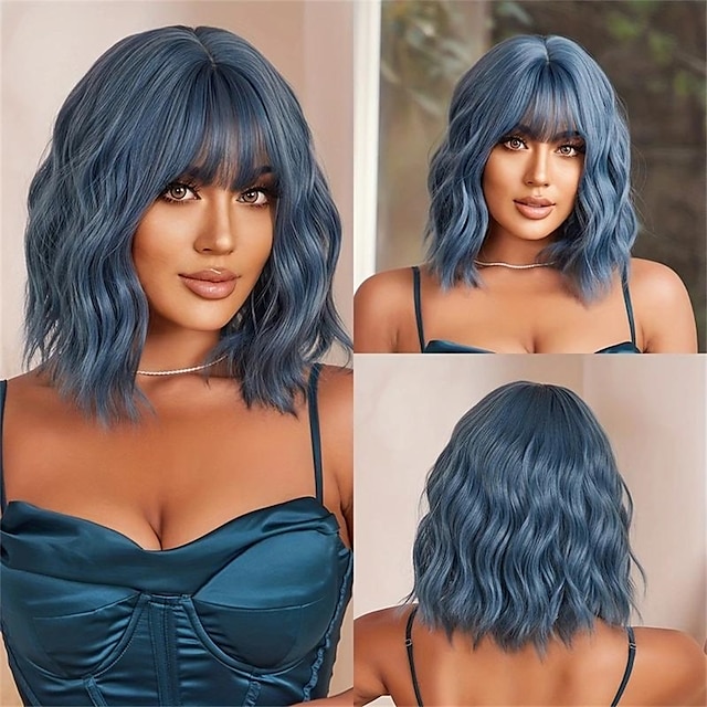  blå kort vågigt lockigt hår peruker med lugg 14 tums syntetfiber hår peruker för kvinnor eleganta hår peruker för daglig fest cosplay halloween användning