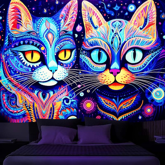  blacklight tapiserie UV reaktivní záře ve tmě dvě kočky mlhavá příroda krajina závěsná tapiserie nástěnná malba pro obývací pokoj ložnice