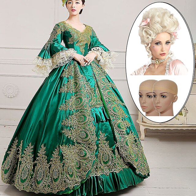  szett rokokó báli ruha ruha barokk paróka 2* paróka sapkák 4 db ruhák retro vintage viktoriánus reneszánsz hercegnő gyarmati báli ruha női cosplay jelmez buli 3/4-es ujjú plus size ruha