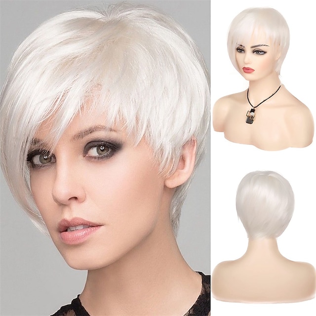  Short White Wig Pixie Natural Straight Asymmetric Wig Halloween Cosplay Costume Wig Synthetic Heat Resistant Hair Wig for Women (Cream White)