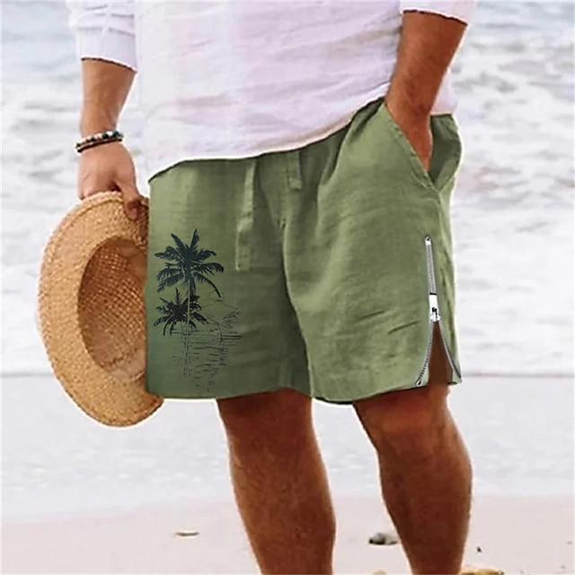  Men's Shorts Summer Shorts Beach Shorts Zipper Drawstring Elastic Waist Coconut Tree Comfort Breathable Short Daily Holiday Going out Cotton Blend Hawaiian Casual Army Green Royal Blue