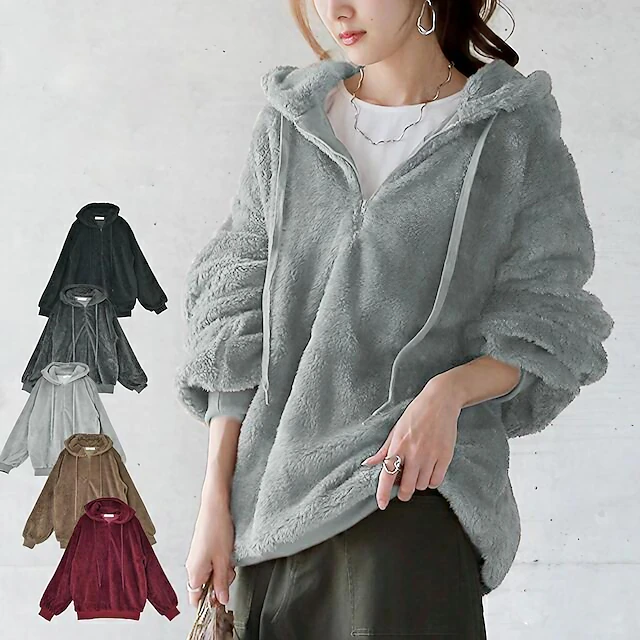 Women's Solid Color Warm Teddy Fuzzy Long Sleeve Hoodie Half Zip Regular Tops Street Casual Half Zipper Quarter Zipper Drawstring Front Pocket Black Wine Dark Gray Coffee Gray Fall & Winter 9