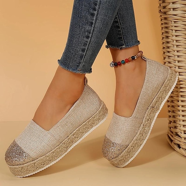  Women's Flats Slip-Ons Plus Size Comfort Shoes Daily Color Block Flat Heel Round Toe Fashion Casual Comfort Linen Loafer Silver Black Gold