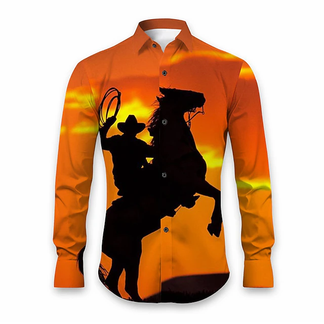 Kentucky Derby Men's Horse Shirt Western Shirt Cowboy Shirt Long Sleeve Casual Daily Wear Going out Fall & Winter Turndown Print Button-Down Orange Green3