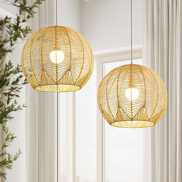  Bamboo Pendant Light 30cm Boho Light Fixture, Hand Woven Wicker Pendant Light,Rattan Chandeliers for Dining Room Kitchen Island Bedroom Foyer Hallway 110-240V