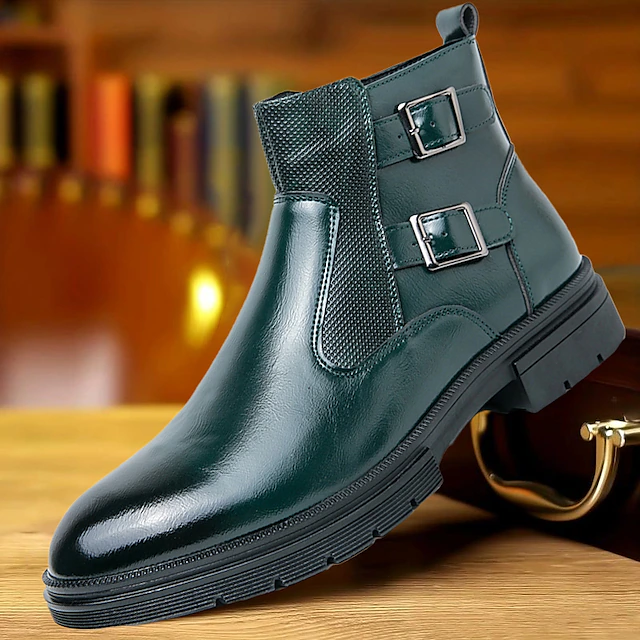 Men's Navy Blue Faux Leather Chelsea Boots, Double Buckle Ankle Boots with Elastic Side for Stylish Durable Wear 44