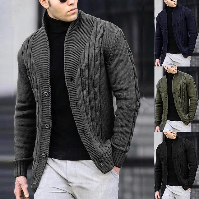  Men's Cardigan Sweater Cropped Sweater Cable Knit Regular Button Up Plain Lapel Vintage Warm Ups Casual Daily Wear Clothing Apparel Fall Winter Black White S M L