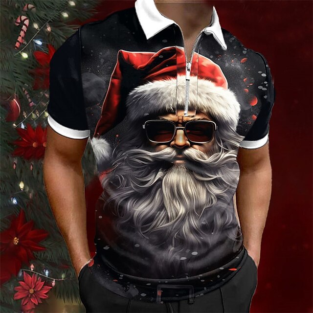 Christmas Men's Santa Claus 3D Zipper Polo Santa Claus Casual Print 3D Zip Golf Outdoor Daily Wear Streetwear Polyester Short Sleeve Turndown Zip Shirts Black Blue Autumn / Fall S M L Micro-elastic3