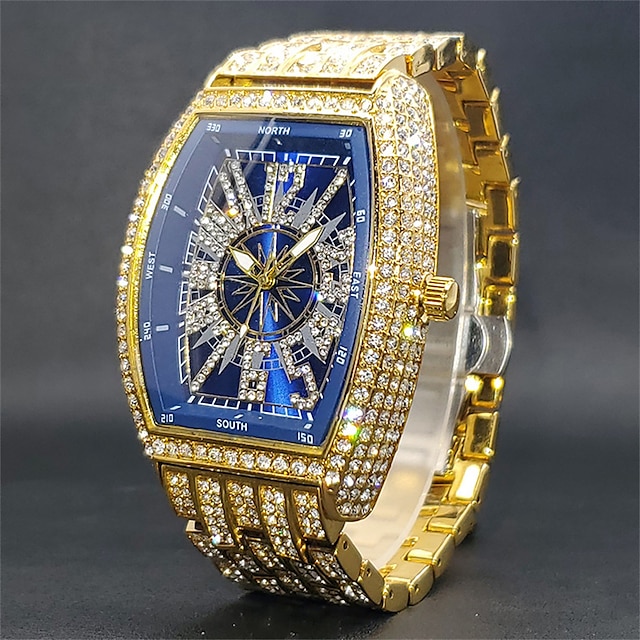  ceas cu cuarț cu gheață pentru bărbați, femei, cu încheietură mare, ceasuri cu cuarț cu diamante, accesorii hip hop pentru bărbați, cu față albastră, ceasuri impermeabile