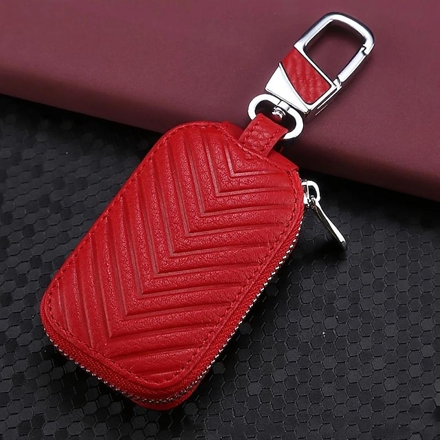 1pc Universal Key Fob Cover, Car Key Case Key Fob Protector, Genuine Leather Car Keychain Holder Metal Hook Key Ring Zipper Bag For Remote Key Fob