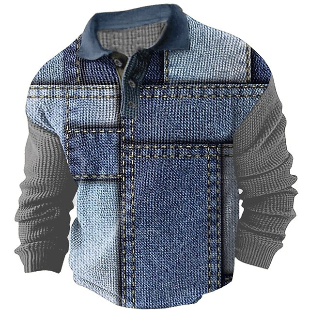  Herren Karomuster Golfshirt Langarm Polo-Shirts Hemden mit Kragen Vintage Lässig Urlaubskleidung Formelle Kleidung Festivalkleidung Knöpfe 3D-Druck Herbst Winter Schwarz Blau Braun