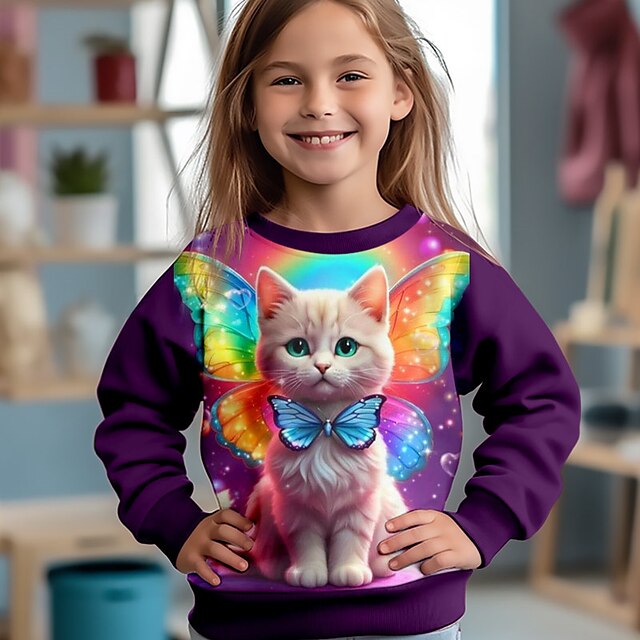  Girls' 3D Cat Sweatshirt Pullover Long Sleeve 3D Print Fall Winter Fashion Streetwear Adorable Polyester Kids 3-12 Years Crew Neck Outdoor Casual Daily Regular Fit