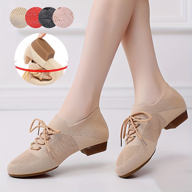  Women's Ballet Shoes Jazz Shoes Prom Practice Split Sole Lace-up Thick Heel Round Toe Lace-up Adults' Red