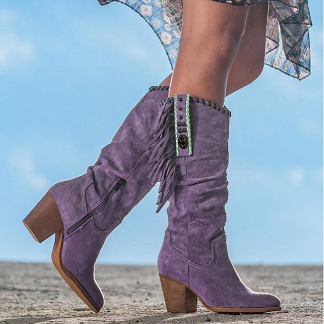  Pentru femei Cizme Cizme Western Cowboy Pantofi de piele intoarsa Mărime Plus Size În aer liber Zilnic Culoare solidă Ghete până la genunchi Iarnă Franjuri Blocați călcâiul Vârf rotund Epocă Casual