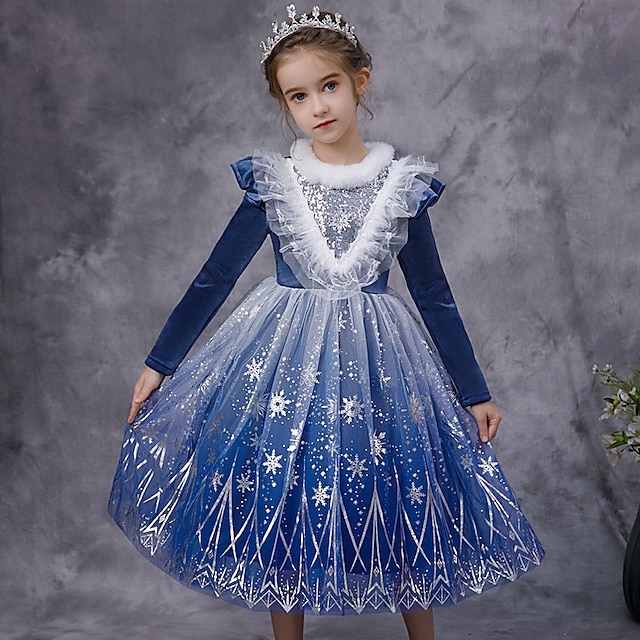  Kids Girls' Party Dress Solid Color Long Sleeve School Formal Performance Mesh Princess Beautiful Sweet Cotton Midi Party Dress Flower Girl's Dress Spring Fall Winter 3-10 Years Blue