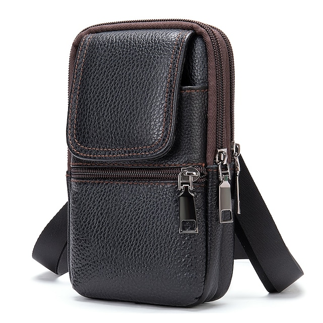  Men's Leather Crossbody Shoulder Bag - Compact Multi-Compartment Messenger Bag with Adjustable Strap for Travel and Everyday Use