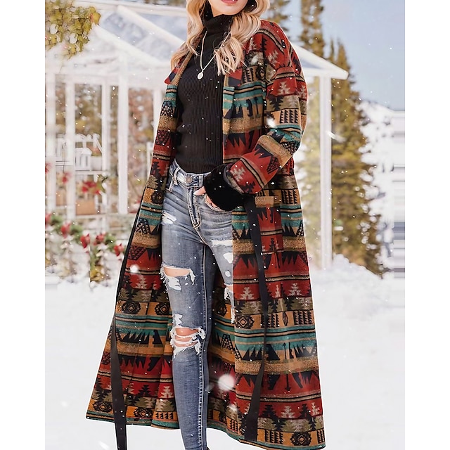  Manteau d'hiver Femme Usage quotidien mode Avec ceinture Imprimer Longue Manteau Vin Hiver Boutonnage Simple Revers Ample S M L XL 2XL 3XL