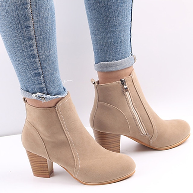  Women's Boots Plus Size Heel Boots Party Office Daily Solid Color Winter Chunky Heel Round Toe Elegant Casual Minimalism Faux Leather Black Khaki
